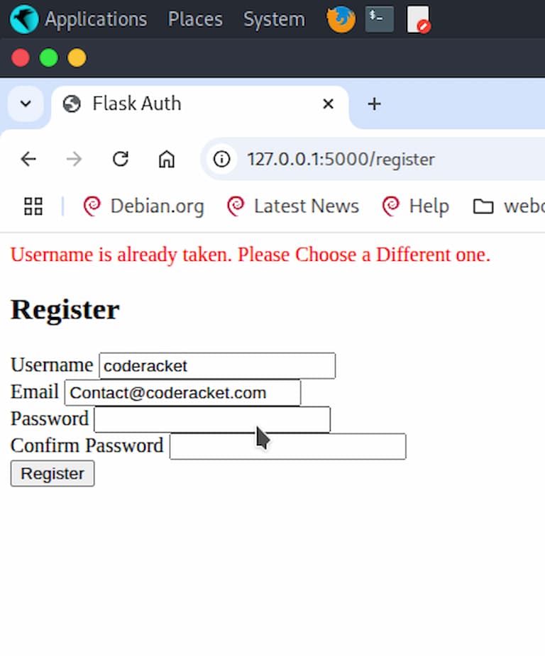 Red flash message when email or username is not unique