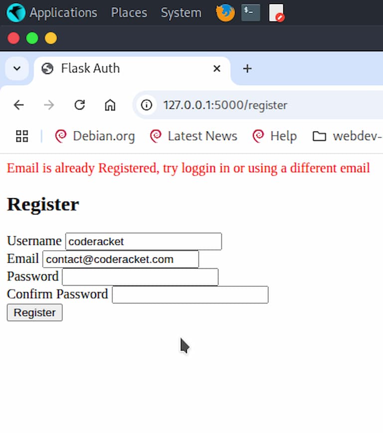 Red flash message when email or username is not unique